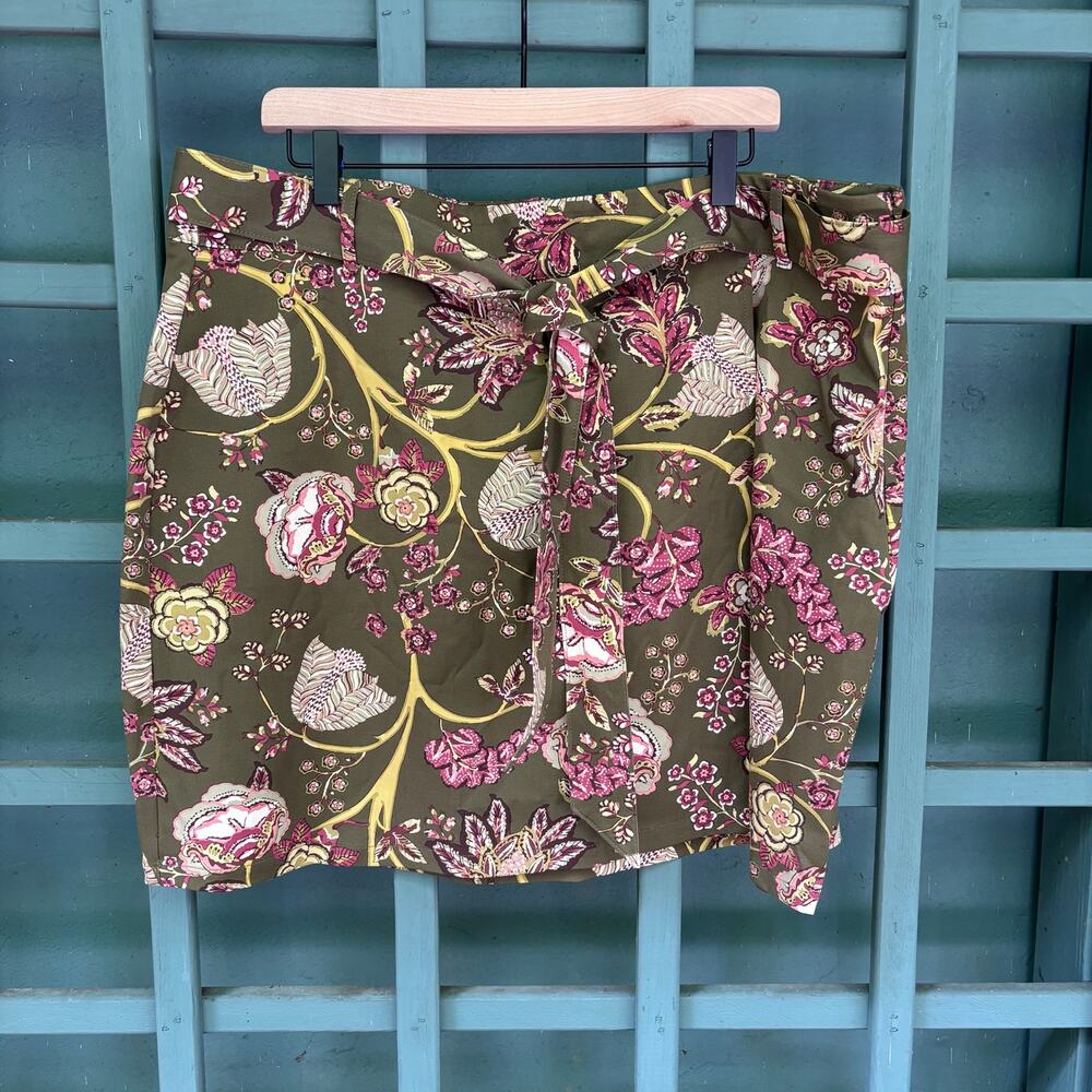 Spartina 449 Olive Floral Linden Faux Wrap Mini Skirt with Belt Sz XXL Cottage